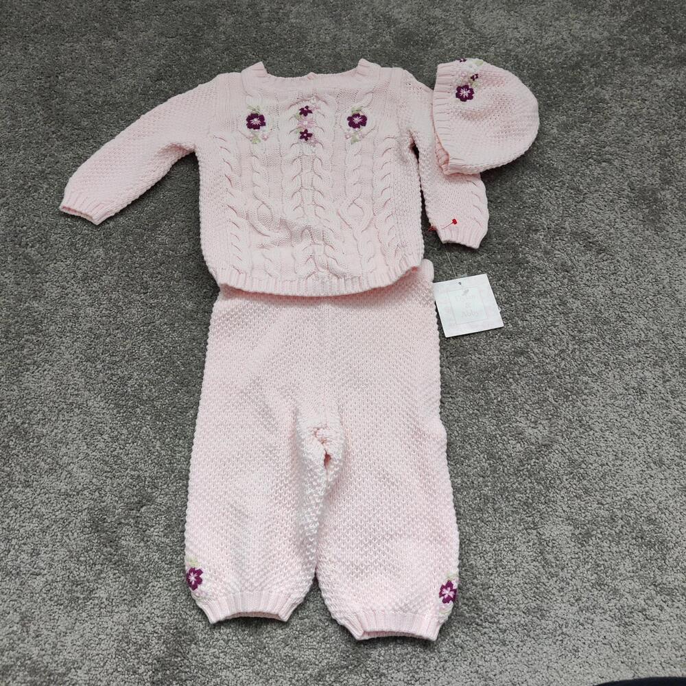 Dylan & Abby Pink Cable Knit 3pc Sweater Pants Hat Set 3-6M NWT